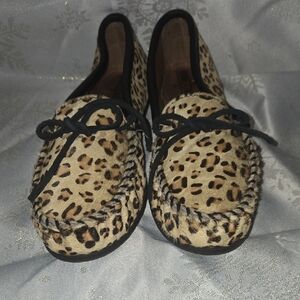 Minnetonka Animal Print Moccasins with Black Accents